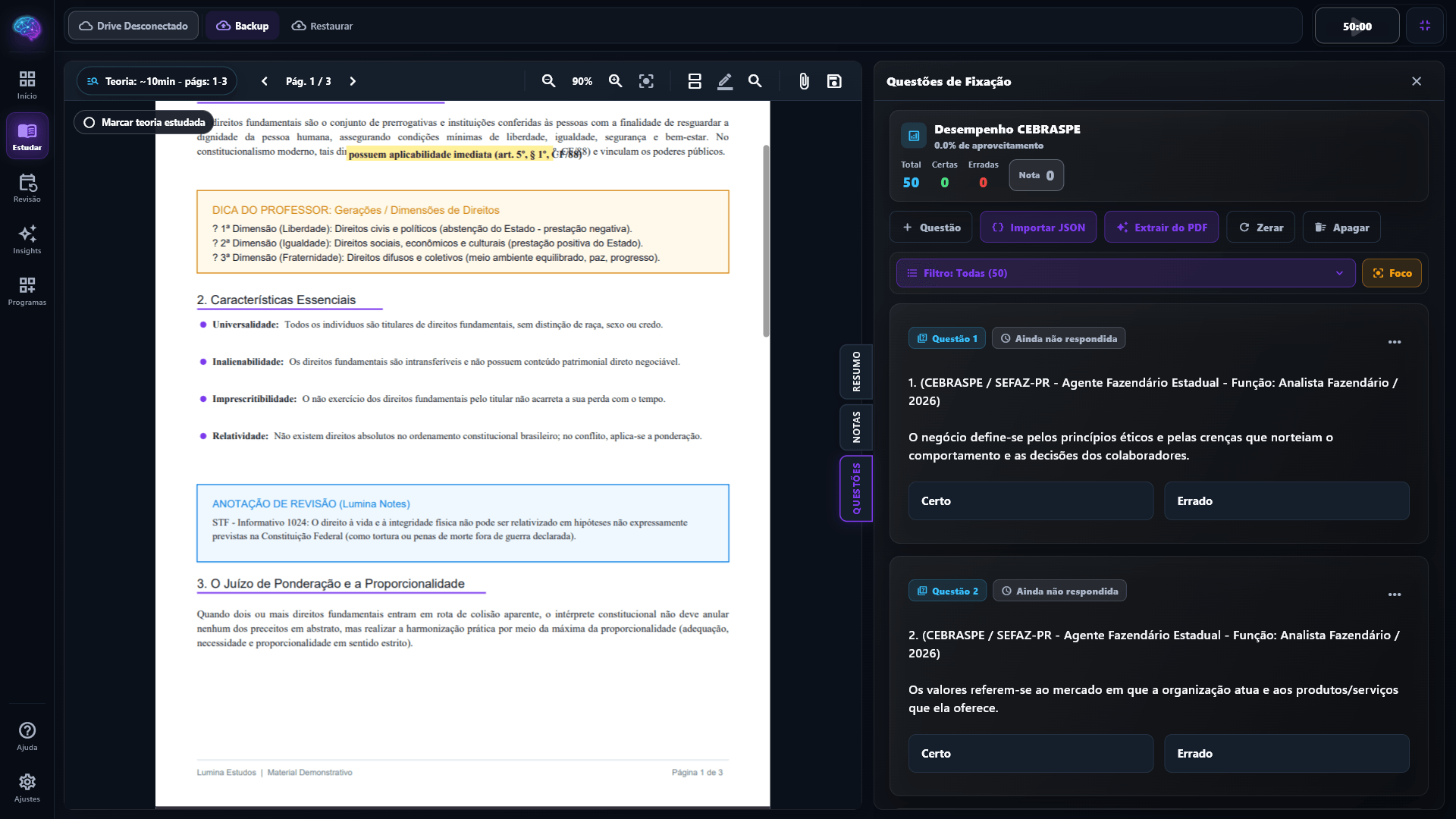 Tela de estudo do Lumina com PDF aberto ao lado do caderno de questões e anotações
