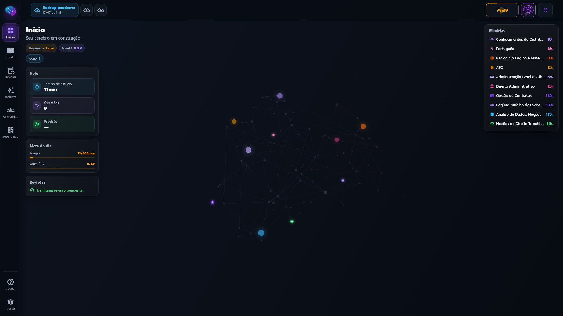 Tela inicial do Lumina com resumo de estudos, metas e progresso