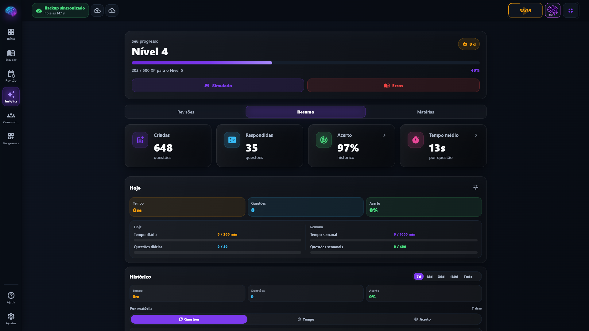 Painel de insights do Lumina com resumo de desempenho, metas e histórico