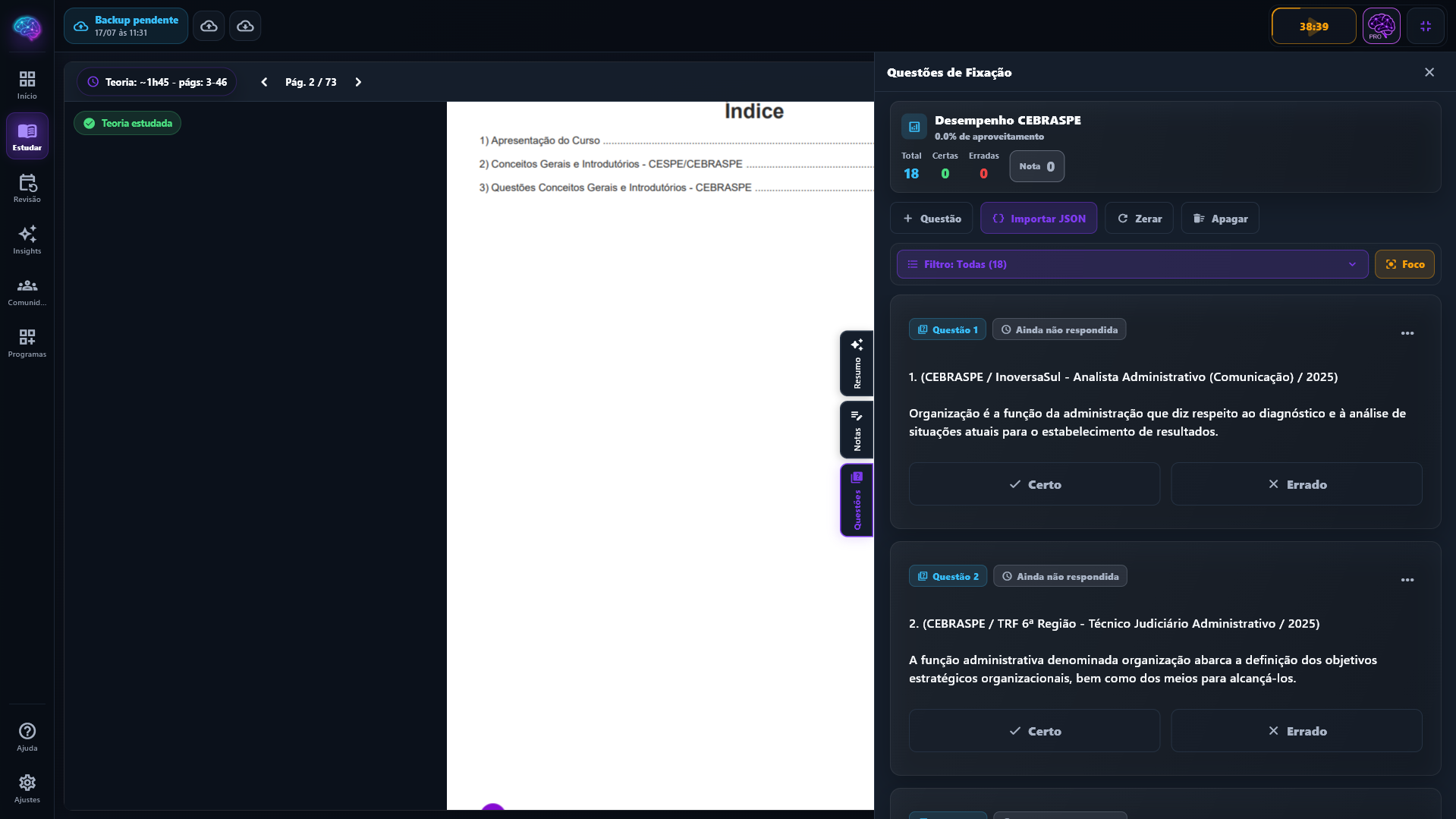 Tela de aula do Lumina com PDF aberto e painel de questões de fixação