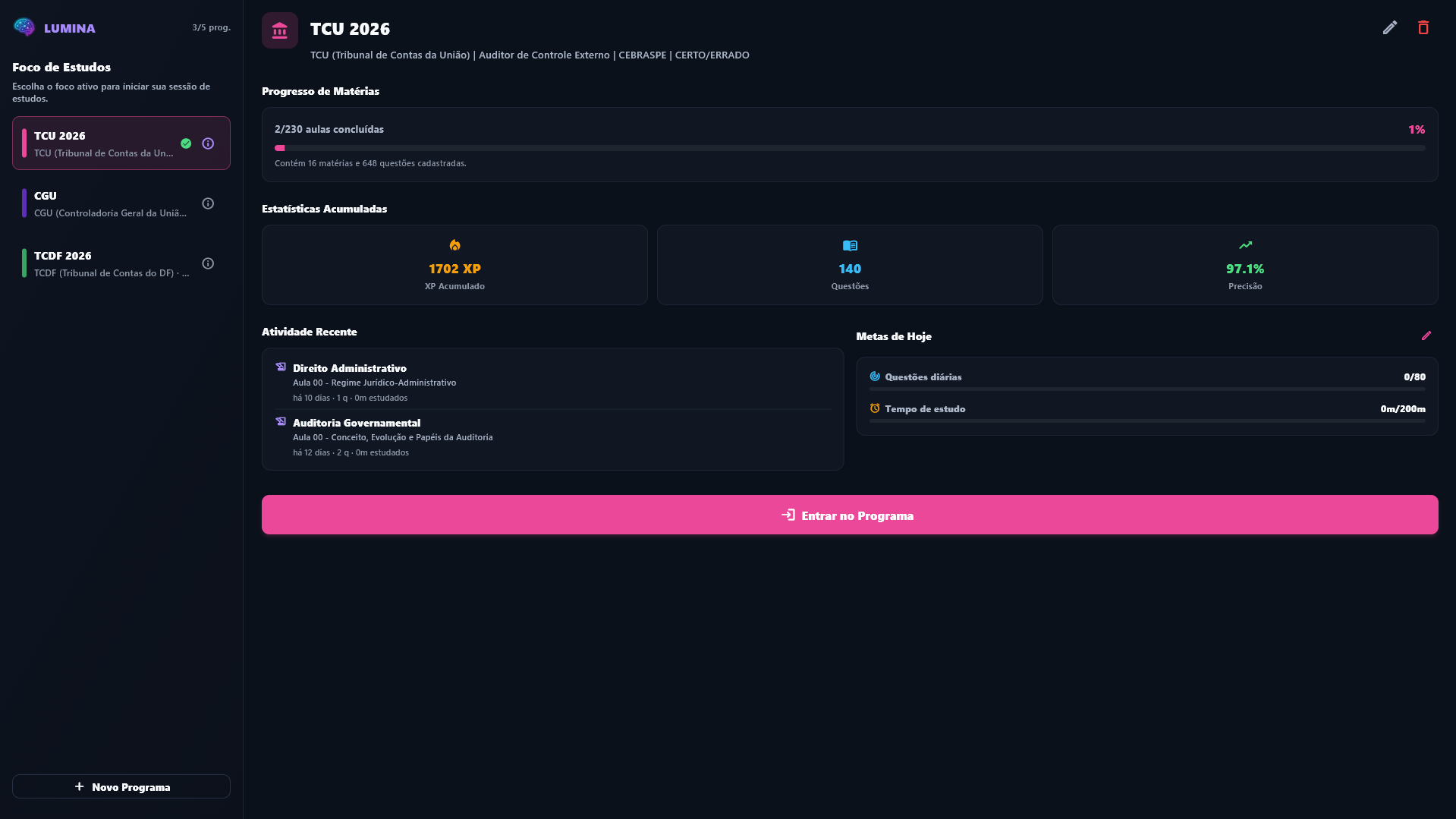 Tela de programas do Lumina com foco de estudos e estatísticas acumuladas